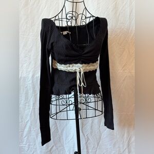 297 - Urban Outfitters Black Long Sleeve Top with Cream Lace